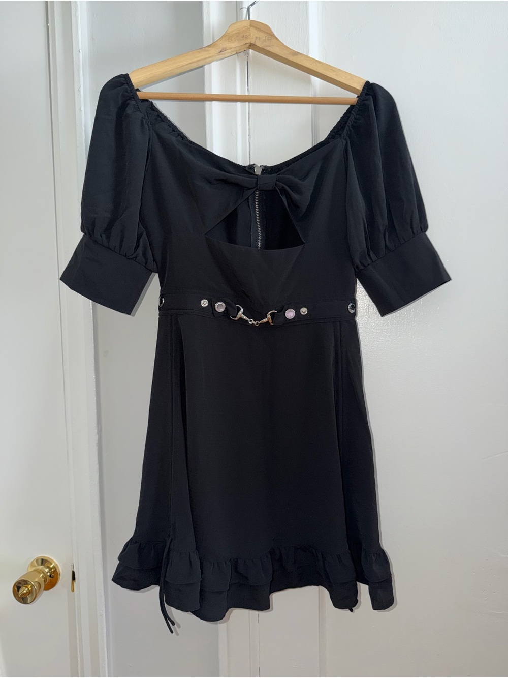 Maniere De Voir Black Puff-Sleeve Mini Dress with Bow Back Detail